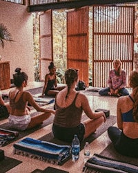 a group of people sitting in a yoga class