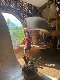 a woman standing in front of a tree house